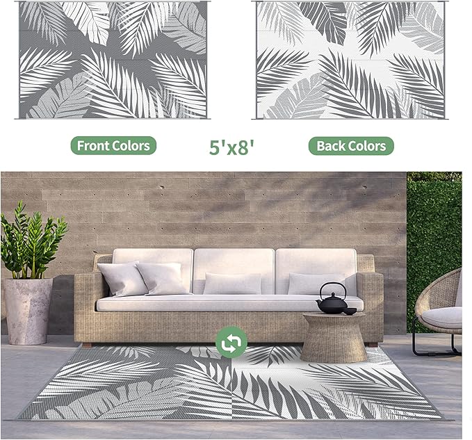 GENIMO Outdoor Rug, Waterproof Plastic Rugs for Patio, 5'x8' Grey White | Outside Larger Leaf Carpet Mat for Porch Decor, Deck, Balcony, Camping, RV, Backyard, Picnic, Beach, Reversible, Foldable