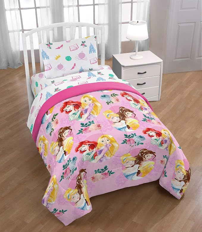 Disney Princess Twin Comforter Set 4 Piece Kids Bedding for Girls, Pink | Bed in a Bag, Comforter Sheets Pillowcase, Official Product, Soft Microfiber, Machine Washable, Easy Care, Girls Gift