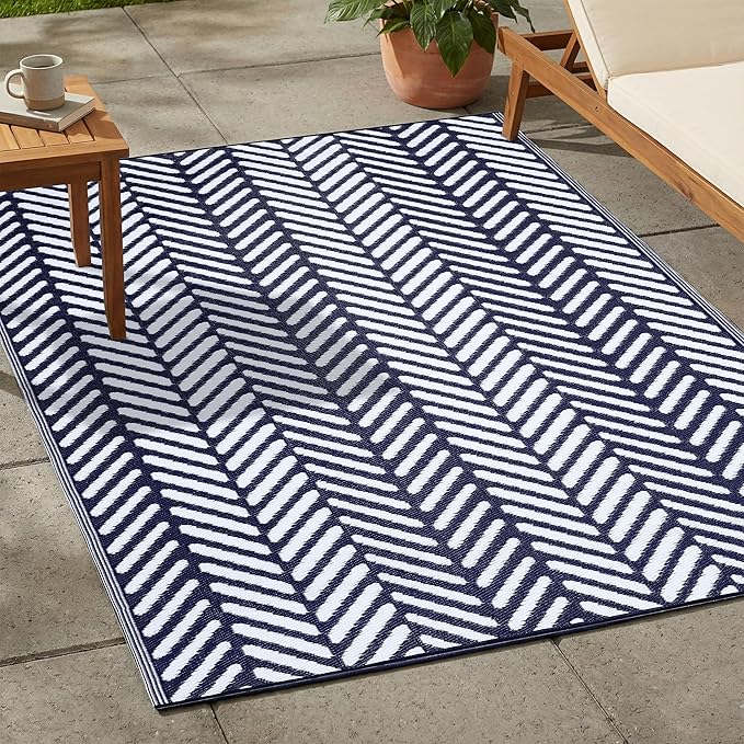 FH Home Outdoor Rug - Waterproof, Fade Resistant, Reversible - Premium Recycled Plastic - Herringbone - Patio, Deck, Porch, Balcony, Laundry Room - Fresno - Navy Crease Free - 4 x 6 ft