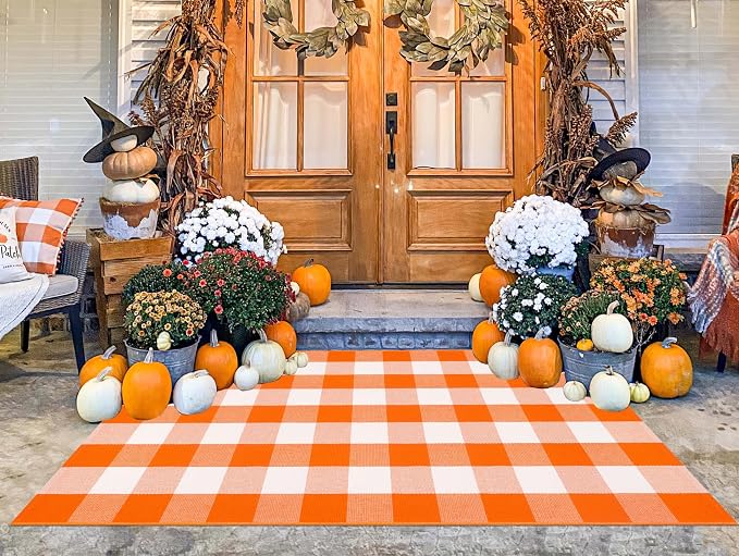 Orange and White Outdoor Rug 3'x5',Farmhouse Checkered Front Porch Rug Woven Washable Front Door Mat Outdoor for Halloween Mat,Bedroom,Entryway,Patio