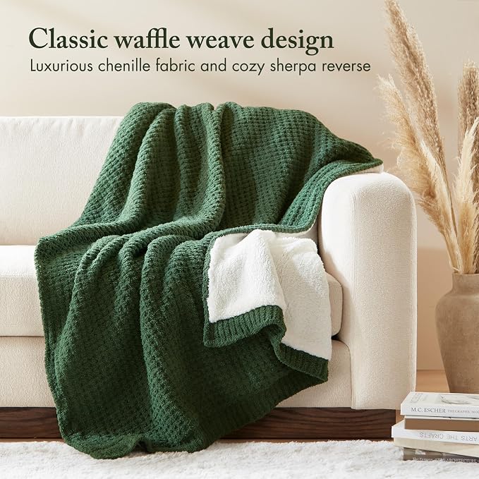 Madison Park Rowan Sherpa Throw Blanket Waffle Weave, 50 x 60, Green | Cozy Warmth for Sofa or Bed, Reversible, Lightweight, Farmhouse, OEKO-TEX Certified