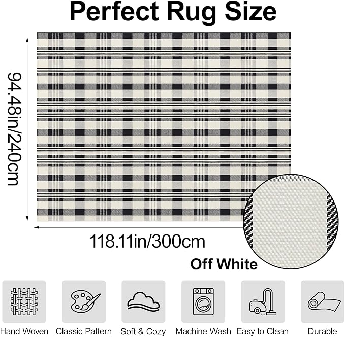 Buffalo Plaid Rug 8x10 Feet Cotton Woven Buffalo Check Area Rug Black and Off White Checkered Outdoor Washable Indoor Outdoor Carpets for Living Room Bedroom Farmhouse Patio