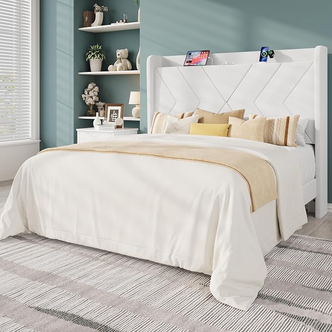 Allewie Full Size Platform Bed Frame with Charging Station and Storage Shelf/Upholstered Velvet Wingback Headboard/Wooden Slats Support/No Box Spring Needed/Easy Assembly, White