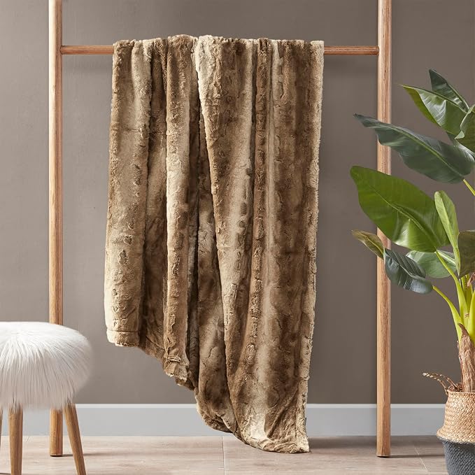 Madison Park Zuri Faux Fur Reversible Throw Blanket, 50 x 60 in, Tan | Oversized Soft Plush, Luxury, Animal Stripes, Mink Reverse, Modern, All Season, for Bed Sofa Couch, OEKO-TEX Certified