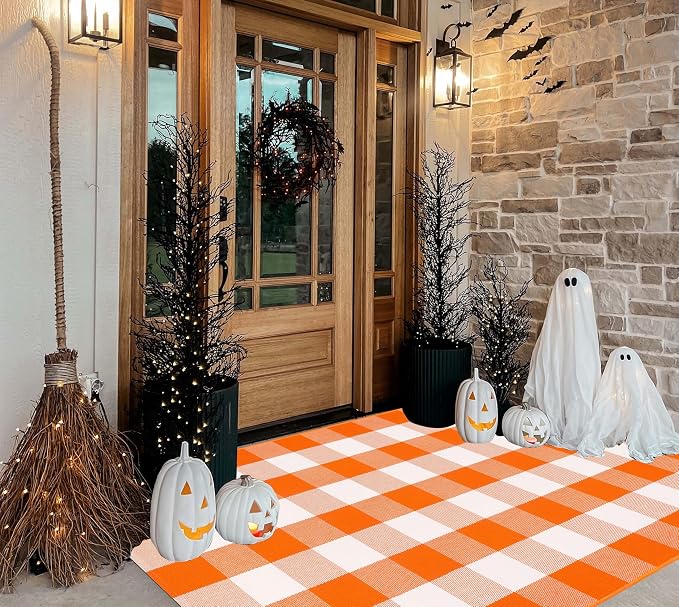 Orange and White Outdoor Rug 3'x5',Farmhouse Checkered Front Porch Rug Woven Washable Front Door Mat Outdoor for Halloween Mat,Bedroom,Entryway,Patio