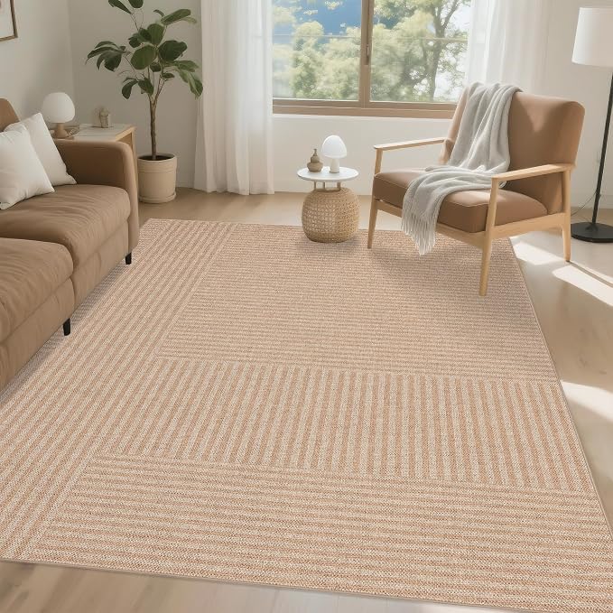 Easy Jute Rug for Pet Homes: 8x10 Outdoor Rug - Beige Stripes | Washable Design Cuts Your Cleaning Time by 75% and Maintain Shape and Texture after 50 Washes