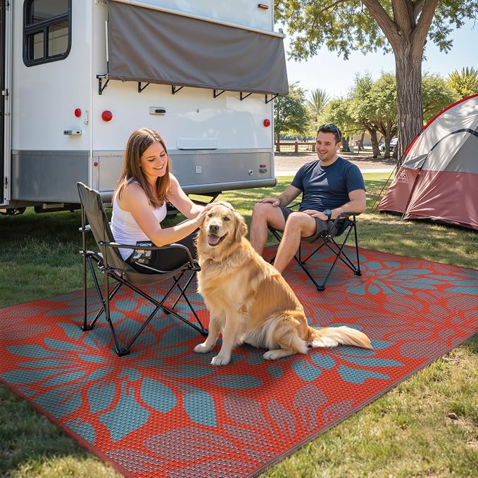 GENIMO Outdoor Rug, Waterproof Plastic Rugs for Patio, 6'x9' Red Blue | Outside Larger Leaf Carpet Mat for Porch Decor, Deck, Balcony, Camping, RV, Backyard, Picnic, Beach, Reversible, Foldable