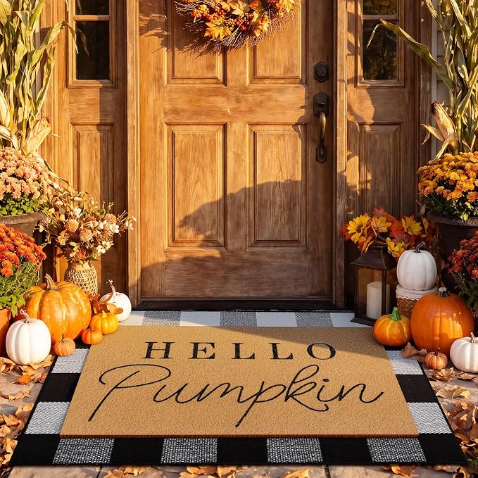 Tinideya 2 Pcs Door Mat Welcome Non Slip Coir Mats Floor Layering Doormats Seasonal for Front Porch Entryway Decor(Black White Plaid)