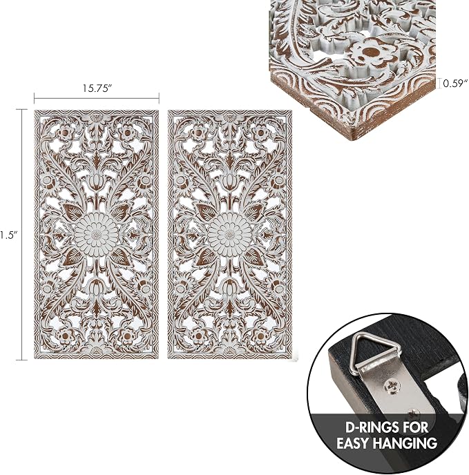 Madison Park Wall Décor for Living Room - Botanical Panel, Home Accent Modern Kitchen Dining Decoration, Ready to Hang 2-Piece Distressed Carved Wood Panel Set for Bedroom, 15.75"W x 31.50"H, Antique Brown