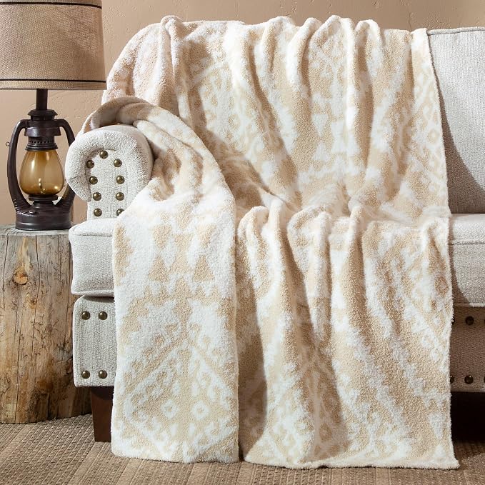 Carstens, Inc. Luxury Soft Stretchy Reversible Plush Throw Blanket, Large 50" x 60", Beige Moroccan