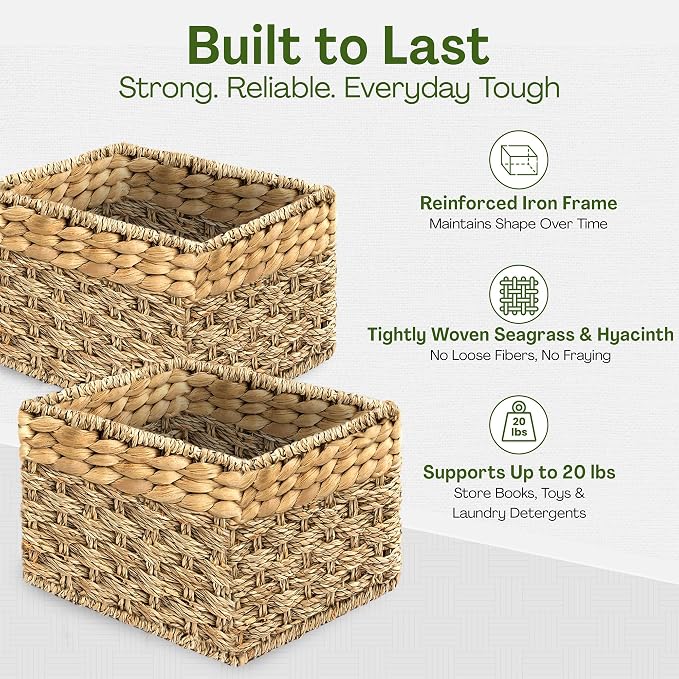 Small Wicker Storage Basket, Set of 2, 8 x 7 x 5.5 Inches | Natural, Woven Baskets for Organizing Living Room, Pantry, Shelves, Wicker, Decorative, Storage, Small