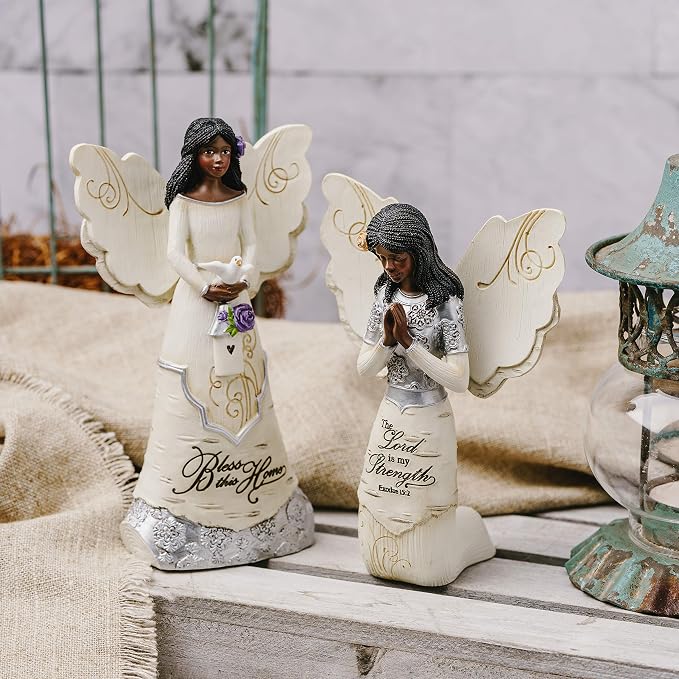 Pavilion Gift Company 82433 Bless This Home 6 Inch Ebony Angel Figurine, Cream
