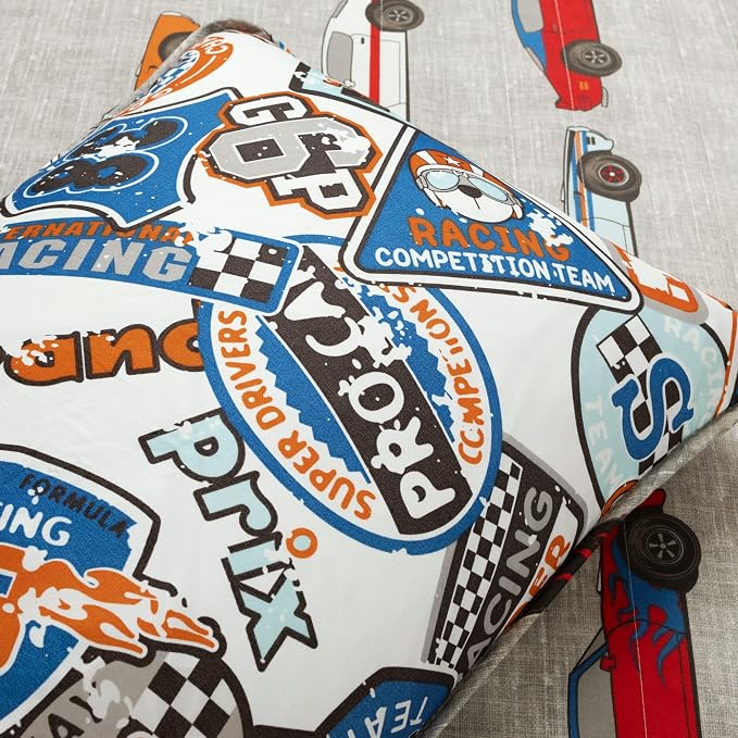Lush Decor Race Car Kids' 7-Piece Oversized Quilt Bed Set, Reversible Bedding Set for Boys, Blue & Orange, Full/Queen