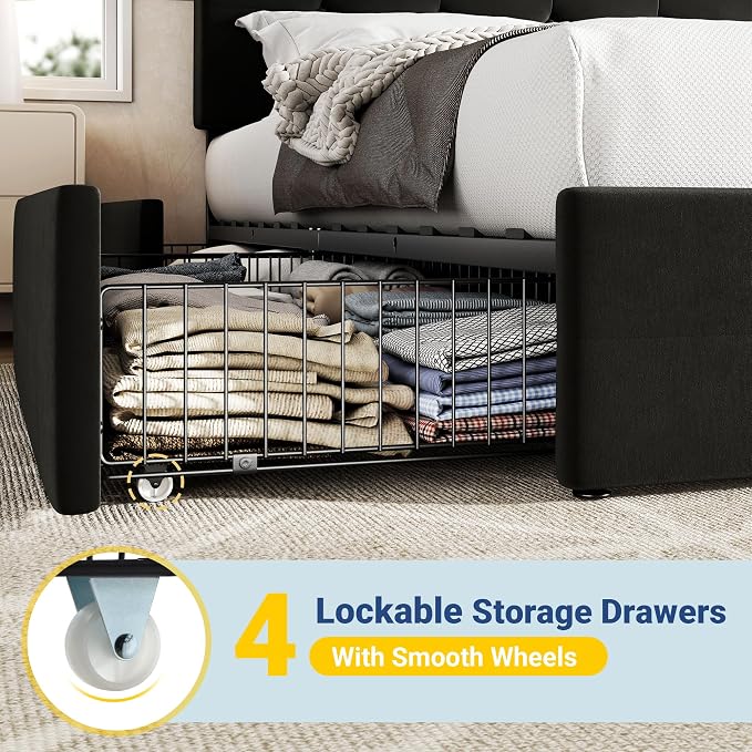 Allewie Upholstered Full Size Platform Bed Frame with 4 Storage Drawers and Adjustable Headboard, Square Button Tufted, Wooden Slats Support, Noise-Free, No Box Spring Needed, Easy Assembly, Black