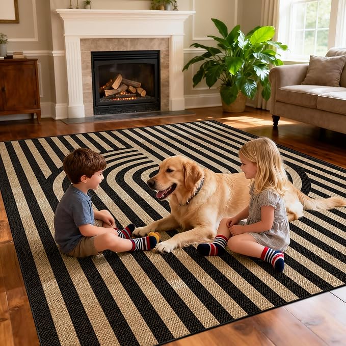 Washable Modern Easy Jute Rug 5x7, Neutral Geometric Abstract Outdoor Indoor Patio Farmhouse Large Rugs, Woven Non Slip Thin Carpet Mat for Living Dining Room Bedroom Classroom Kids Nursery