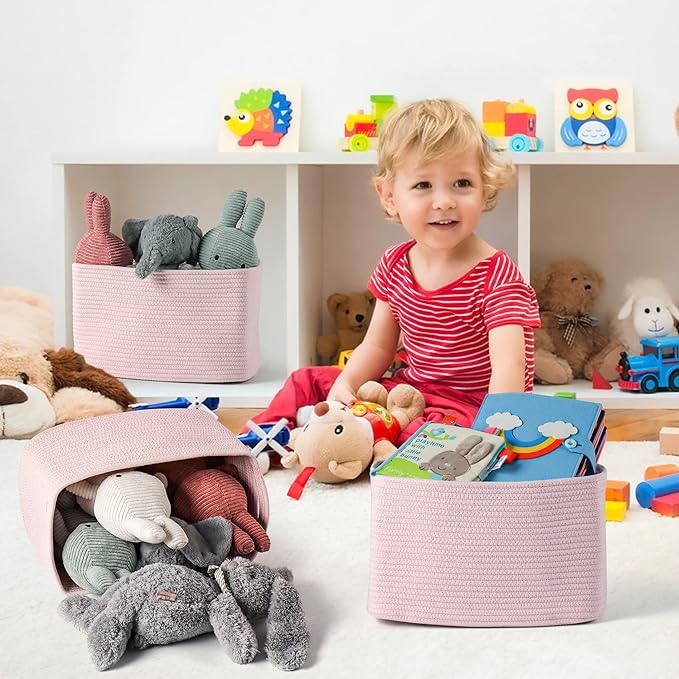 XUANGUO Woven Cotton Rope Storage Baskets 15x10x9.3" 3 Pack Light Pink | Decorative rectangular storage baskets for shelves and closets; storage bins organize clothes, toys, books and nursery items.