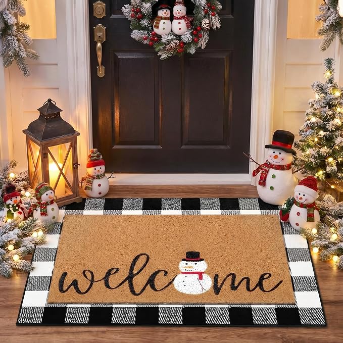 Tinideya 2 Pcs Winter Door Mat Snowman Welcome Non Slip Coir Mats Snow Black White Buffalo Plaid Floor Layering Doormats Seasonal for Front Porch Entryway Decor(Snowman)