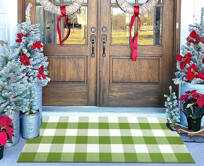 Buffalo Plaid Outdoor Rug 24''x51''Green and White Checkered Front Porch Rug Cotton Woven Washable Door Mat Outdoor for Layered Hello Welcome Door Mat Farmhouse Entryway