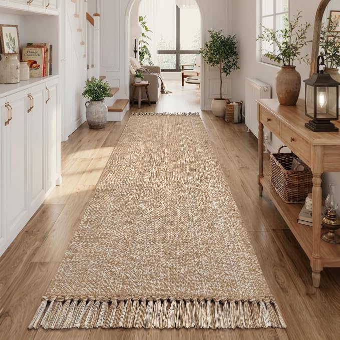 Collive Long Hallway Runner Rug 2.6' x 10', Washable Runner Indoor Entryway Rug, Tan/Cream Braided Woven Kitchen Runner Rugs Low-Profile Front Door Floor Carpet for Laundry Room Bedroom Doorway