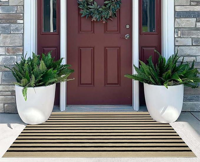 Layered Doormat 2.3'x3.6,Black and Tan Machine Washable Porch Rug Cotton Woven Striped Farmhouse Small Area Rug for Porch/Home Entrace Decor/Bedroom/Layered Door Mats