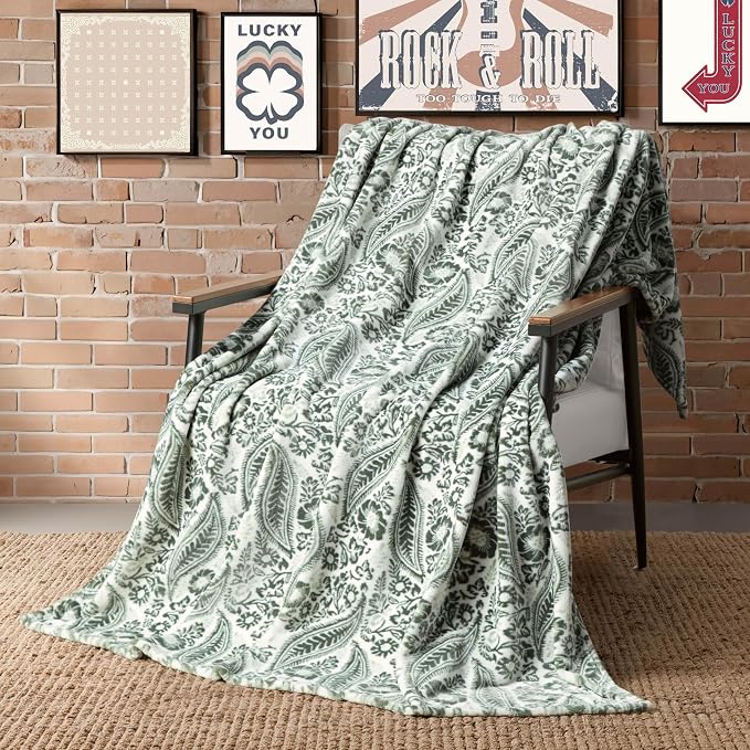 Lucky Brand 50" x 70" Plush Throw Blanket, Paisley Floral Sage Green Blanket for Sofa or Bed