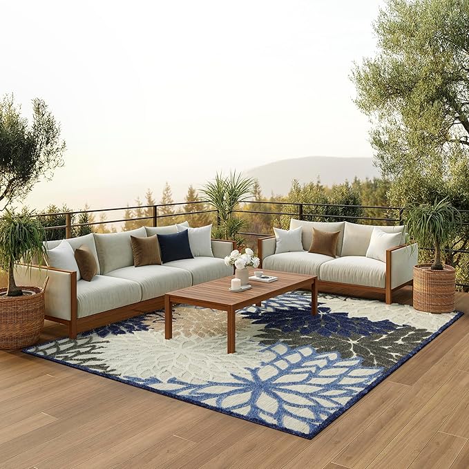 Nourison Home Aloha Indoor/Outdoor Blue/Multicolor 9' x 12' Area Rug, Tropical, Botanical, Easy Cleaning, Non Shedding, Bed Room, Living Room, Dining Room, Deck, Backyard, Patio (9x12)