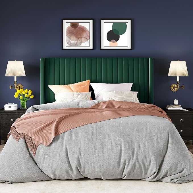 Allewie Full Size Bed Frame/Velvet Upholstered Platform Bed/Vertical Channel Tufted Wingback Headboard/Strong Wooden Slats/No Box Spring Needed/Easy Assembly/Green