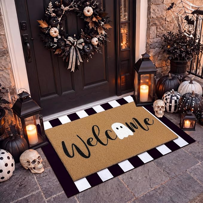 Tinideya 2 Pcs Halloween Welcome Mats for Front Door, Ghost Welcome Mat with Black White Buffalo Plaid Rug, Layered Doormat Set for Front Porch Entryway Outdoor Fall Decor