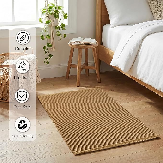 THE BEER VALLEY Woven Entryway Rug 2x3 Feet - Tan | Non Slip Kitchen Indoor Throw Door Mat for Bedroom, Washable Outdoor Low Pile Patio Orange Rugs