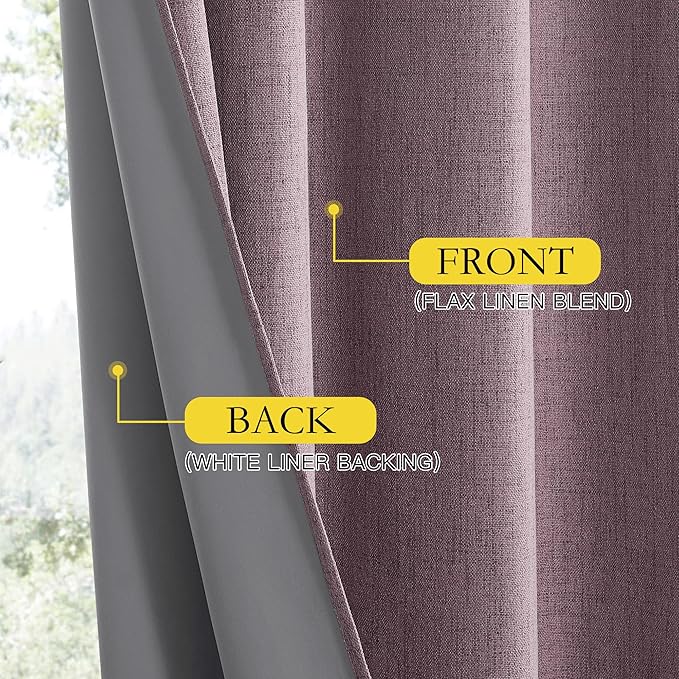 NICETOWN Chaise Mauve Vintage Linen 100% Blackout Curtains for Kitchen, Thermal Insulated Curtains 63" Long, Noise Reducing Window Treatment Drapes for Dorm Room, 62" Wide Per Panel, Set of 2