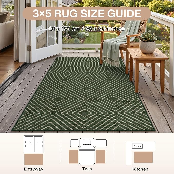 Tribesigns Modern Easy Jute 3x5 Washable Outdoor Patio Porch Area Rug,Green | Machine Washable, Non-Slip with 4 Rug Tape, Ultra-Thin Low Pile, for Farmhouse Indoor Kitchen Entryway Deck RV Balcony