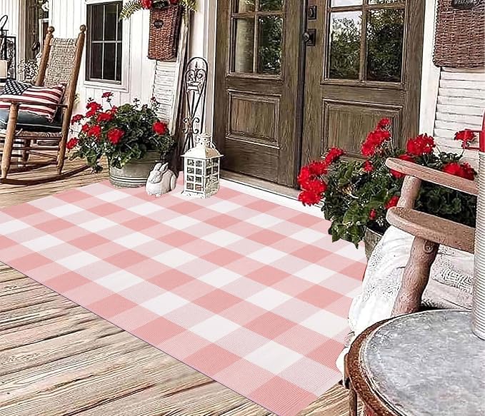 Pink and White Buffalo Plaid Rug 3'x5'Checkered Outdoor Rug Farmhouse Front Porch Rug Machine Washable Front Door Mat Outdoor for Hello Welcome Mat,Bedroom,Entryway,Patio