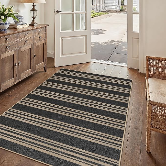 PureCozy Striped Easy Jute Rug 4x6 Black Entryway Carpet Washable Non Slip Office Door Mat Farmhouse Neutral Non Shedding Small Indoor Outdoor Rug for Bathroom Kitchen Bedroom Living Room