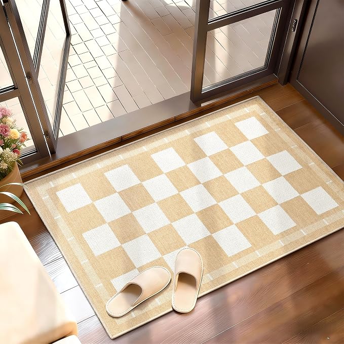 Vasofe Jute Checkered Outdoor Rug, 2x3 Small Entry Rug, Washable Indoor Mat | Front Door Mat, Non-slip Bedroom Bedside Rugs, Entrance Doorway Kitchen Mats, Plaid Farmhouse Porch Carpet, Khaki and White