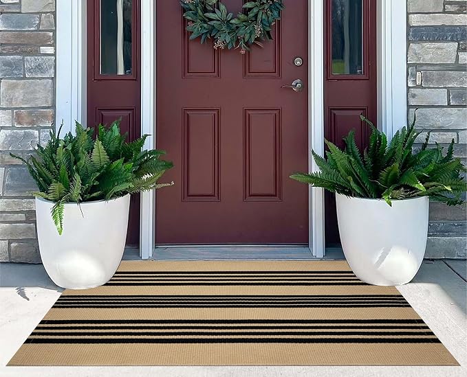 Striped Layered Doormat 27.5"x43",Tan and Black Front Porch Rug Cotton Woven Washable Farmhouse Entryway Rug Indoor Outdoor Front Door Mat for Porch/Entryway/Home Entrance Decor