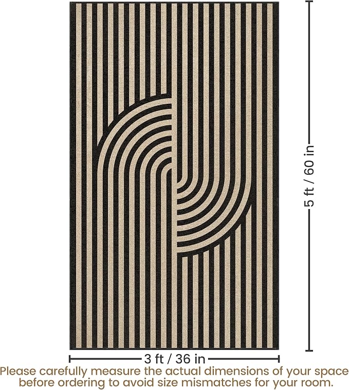 Washable Modern Easy Jute Rug 3x5, Black Outdoor Indoor Patio Abstract Geometric Neutral Small Rug, Woven Non Slip Thin Carpet Mat for Living Bedroom Entryway Front Door Farmhouse Doorway Kids