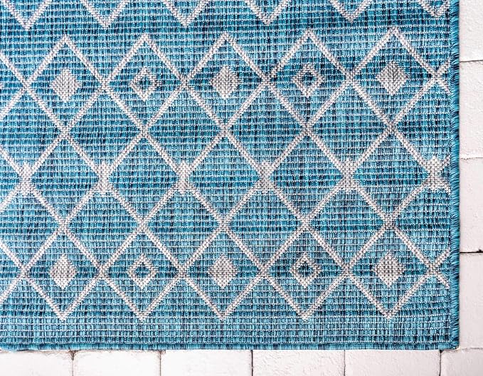 Unique Loom Outdoor Trellis Collection Area Rug - Tribal Trellis (7' 1" x 10' Rectangle, Teal/ Ivory)