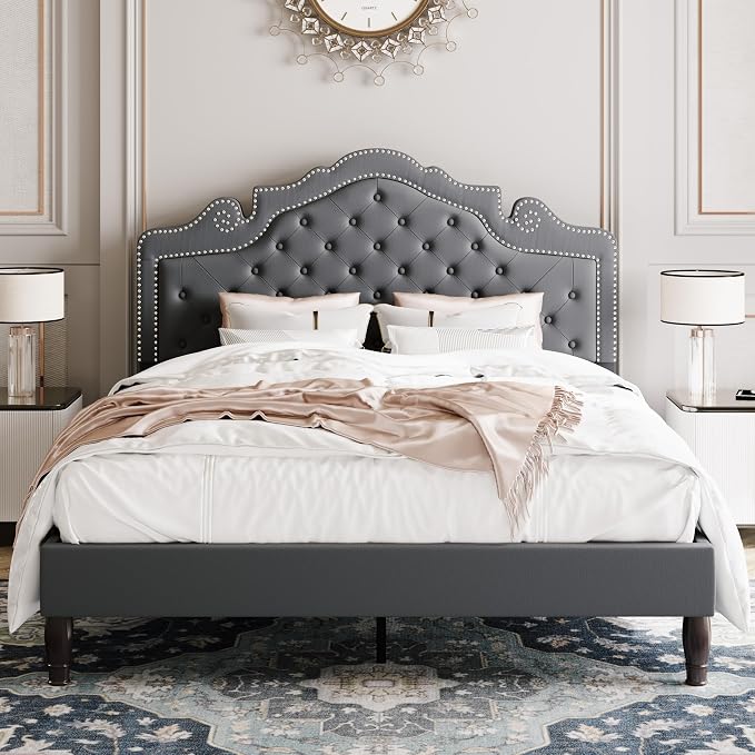Allewie Queen Size Bed Frame with Adjustable Velvet Tiara Headboard, Upholstered Diamond Button Tufted Platform Bed, Wood Slats Support, No Box Spring Needed, Light Grey