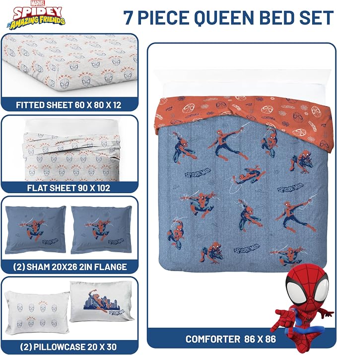 Marvel Spiderman Queen Comforter Set 7 Piece Bedding for Boys, Blue | Bed in a Bag, Comforter Sheets Shams Pillowcases, Official Product, Soft Microfiber, Machine Washable, Boys Gift