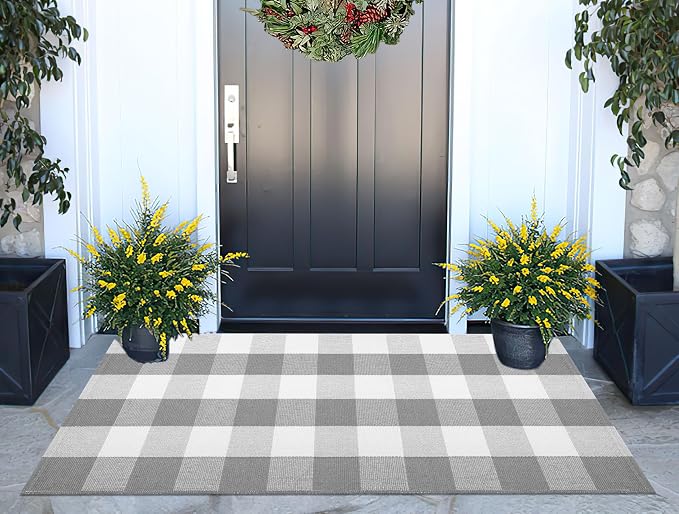 Grey and White Buffalo Plaid Rug 24''x 51''Checkered Outdoor Porch Rug Cotton Woven Machine Washable Farmhouse Mat for Indoor,Outdoor, Kitchen, Farmhouse, Entryway,Bathroom