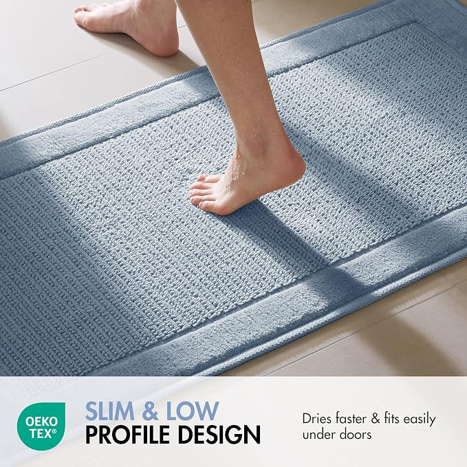 Madison Park Sanctuary 100% Cotton Non-Slip Bath Rug, 17x24 Inch, Blue | Low-Profile Woven Design, Ultra Soft Absorbent & Machine Washable, Ideal for Bathroom Bedroom and Entryway Decor