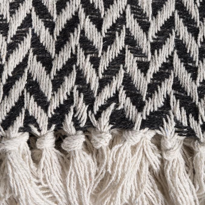 DII Modern Zig Zag Throw Blanket Woven Cotton, Hand-Knotted 2.5" Fringe, 50x60, Black