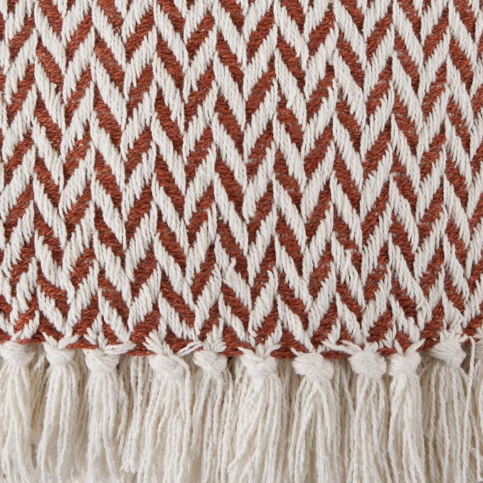 DII Modern Zig Zag Throw Blanket Woven Cotton, Hand-Knotted 2.5" Fringe, 50x60, Cinnamon