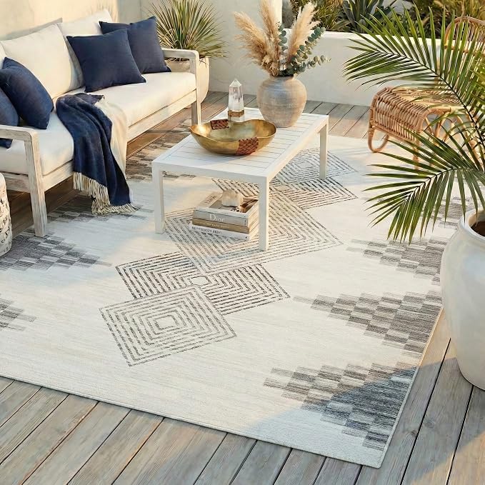 ReaLife Rugs Machine Washable Indoor Outdoor - Mat Rug Foldable Printed Thin Lightweight Cushioned Fade Resistant Patio Deck Dock Porch Pool Balcony Camping - Everly - Beige 4' x 6'