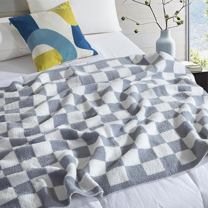 Elegant Comfort Checkered Throw Blanket, Gray Super Soft Cozy Fluffy Warm Throw Blankets for Couch, Sofa, Chair, Bed, Camping, Picnic, Travel Lightweight Bed Blanket (50" x 70")