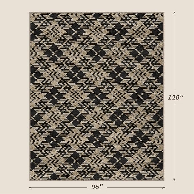 JTJ Vintage Checkered Easy Jute Rugs for Large Living Room 8x10 - Diamond Patterned Woven Rug for Bedroom, Indoor Area, Dining Room, Washable Foldable Low Pile Black and White Classic Decor