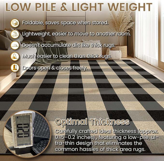 Washable Checkered Easy Jute Rug 5x7, Black Plaid Checkerboard Geometric Modern Outdoor Indoor Patio Large Rug, Woven Thin Carpet Mat for Living Dining Play Room Bedroom Classroom Kids Nursery