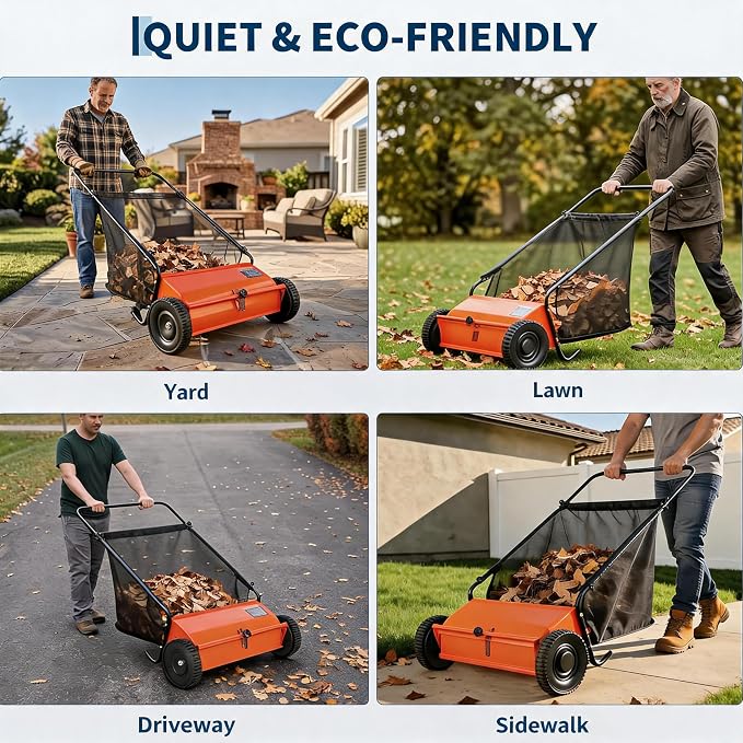 Heavy Duty 26-Inch Push Lawn Sweeper – 4 High-Speed Spinning Brushes | Durable Steel Frame, 7 Cu. Ft. Removable Bag, Walk-Behind Leaf & Grass Collector for Garden, Patio, Driveway, Outdoor –