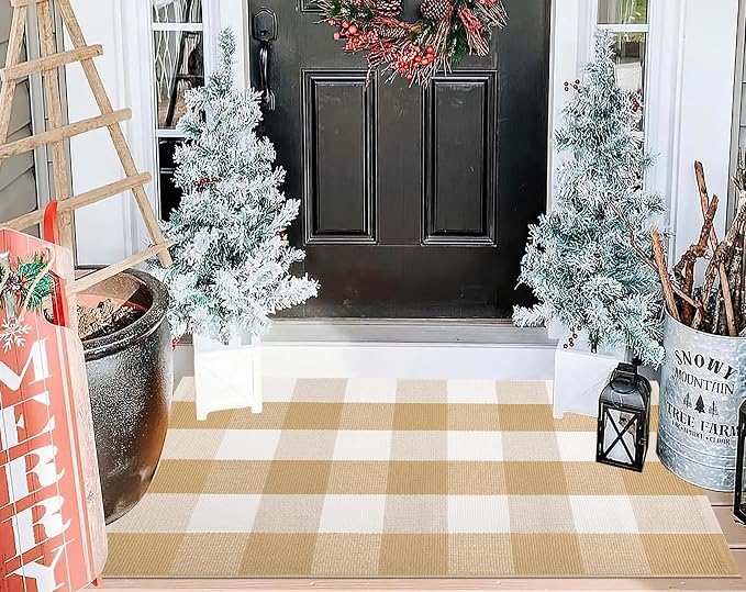 Front Door Mats Outdoor 24''X35'' Khaki and White Layered Doormat Cotton Woven Farmhouse Washable Small Area Rug for Welcome Mat/Entryway/Bedroom/Living Room