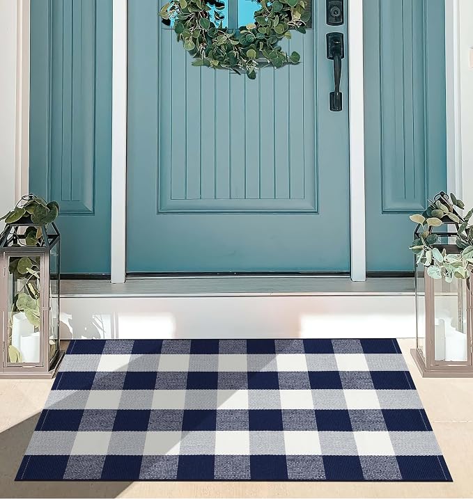 Buffalo Plaid Rug 27.5"x43" Blue White Fall Front Porch Rug Cotton Woven Washable Indoor Outdoor Rugs for Welcome Door Mat Entryway Dining Room Bedroom Living Room